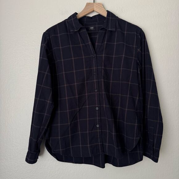 UNIQLO Womens Navy Blue Plaid Button Up Blouse Checkered Office Work Top Size XS - Picture 1 of 10